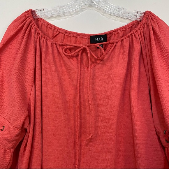 NAÏF Coral Colored Bell Sleeve Tie Neckline Blouse Crepe Material Plus Size 2X - Picture 7 of 9
